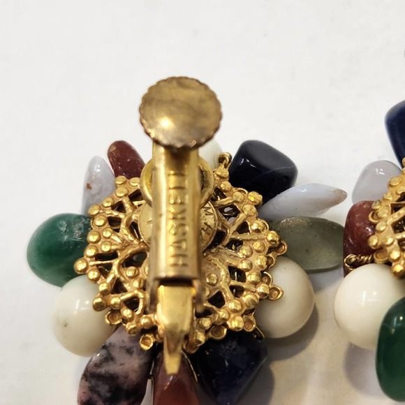 Miriam Haskell Multi Natural Stone Screw Back Earrings Gold Tone Vintage Jewelry - Picture 4 of 6